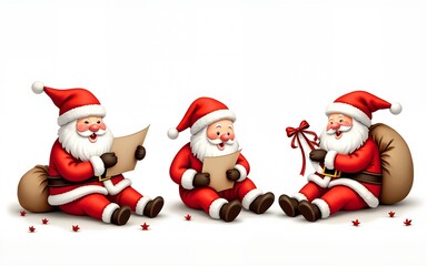 Santa Claus sitting with a gift list and sack in three poses. Hand-painted watercolor clip art, perfect for Christmas cards and festive decorations 2026 - 2027. High quality