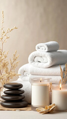 Luxury Spa Still Life with White Towels, Aromatherapy Candle, Volcanic Stones, and Dried Botanicals in a Calm Wellness Setting