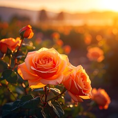 Radiant orange roses blooming in a field at sunset, bathed in golden light. Soft focus background