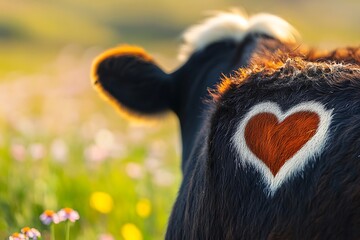 A close-up view of a cowa??s heart-shaped spot on its coat, contrasted against a blurred flowering meadow, creating a charming focal point full of love.