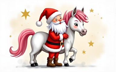watercolor santa claus hugging white horse with pink mane, festive christmas illustration with golden stars for holiday cards, children&rsquo;s books, and winter fairytale designs, new year 2026