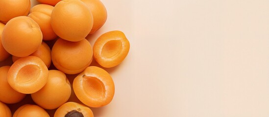 A vibrant display of whole and cleaved apricots arranged for editorial use