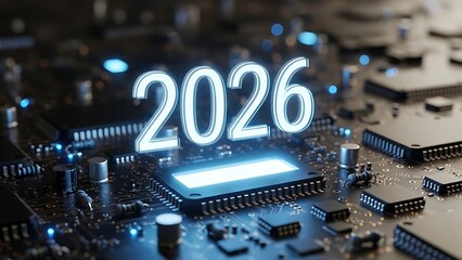 Closeup of a computer circuit board with 2026 text on a microchip component