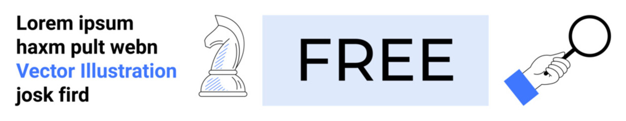 Fototapeta premium Business, creativity, education, decision-making, strategy, analysis. A chess knight, free text display and hand holding a magnifying glass. Strategy and business concepts