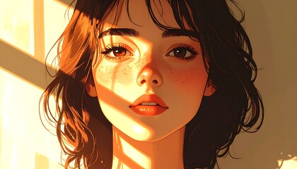 Radiant portrait of a girl with freckles, lit by golden sunlight casting shadows across her face