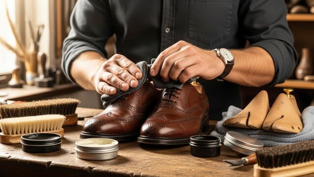 Man polishing classic brown leather shoes with brush and wax, close-up on hands and footwear.