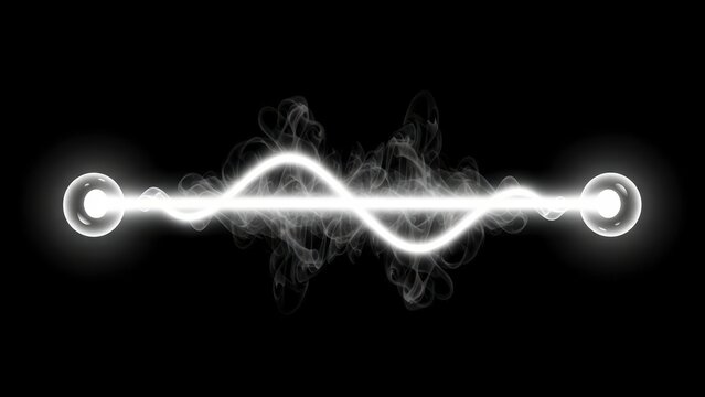 Abstract glowing energy wave connecting two spheres with smoke.
