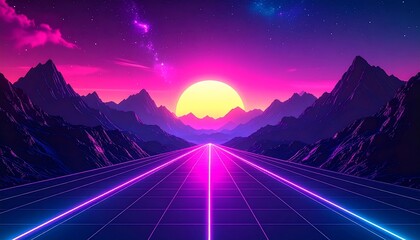 A neon grid road stretches towards a large sun setting behind mountains, vivid pink and blue
