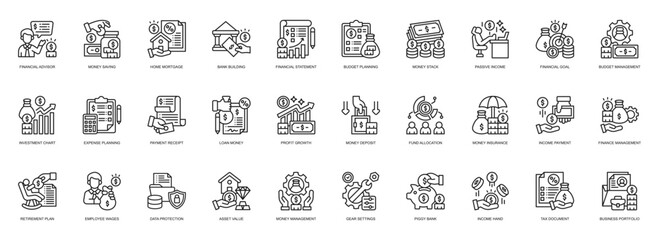Financial Advisor icon collection line style. containing Personal Finance, Financial Advisor, Money Saving, Home Mortgage, Bank Building, Financial Statement, Budget Planning