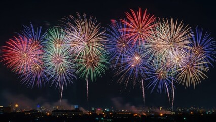 Festive New Year 2026 background with realistic fireworks exploding over night sky, vibrant colors, cinematic lighting, wide composition with text space
