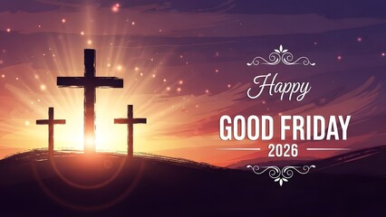 Happy good friday 2026 greeting with three crosses silhouette at sunset