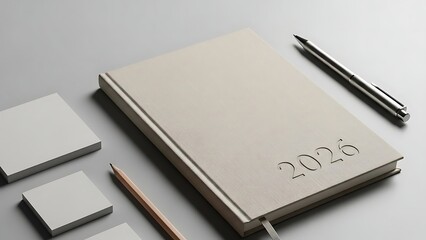A silver 2026 planner with a pen and pencil on a gray surface with notepads