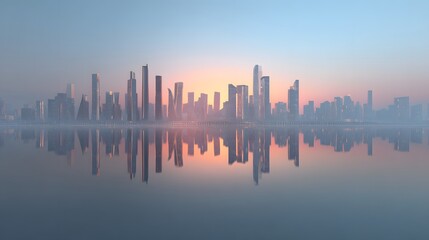 Fototapeta premium Vibrant City Skyline Reflecting on Calm Water During Golden Sunrise