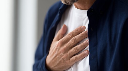 Naklejka premium A person experiencing chest pain holds their hand near their heart in an office setting, wearing a dark blue jacket and a white t-shirt, shown in a close-up shot.