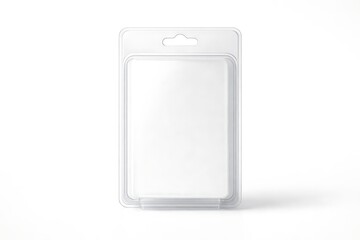 Empty clear plastic blister packaging with blank white insert, isolated on a clean white background, mockup template.