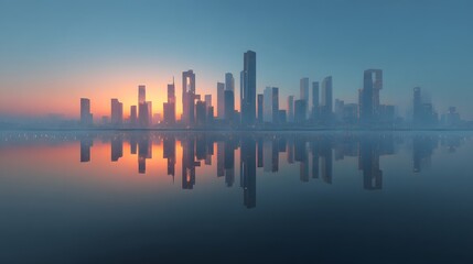 Vibrant City Skyline Reflecting on Calm Water During Golden Sunrise