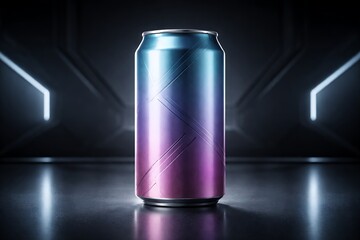 Futuristic metallic beverage can with gradient blue and purple design on a dark, high-tech background with neon lights.