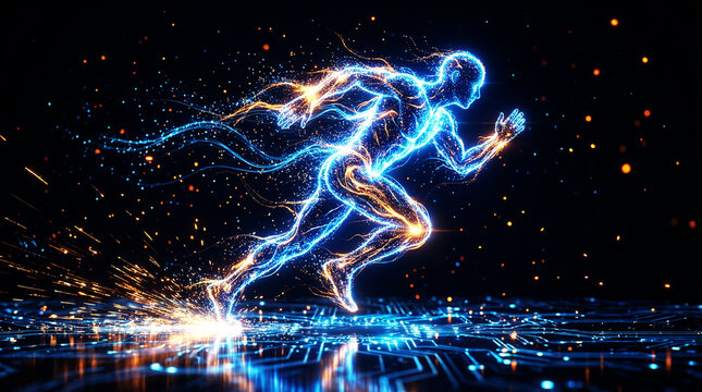 Futuristic Energy Human Running at High Speed, Glowing Digital Athlete Made of Light, Technology and Artificial Intelligence Concept, Motion Power, Cyber Science Background