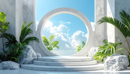Elegant marble platform with greenery, a circular window framing a sunny sky