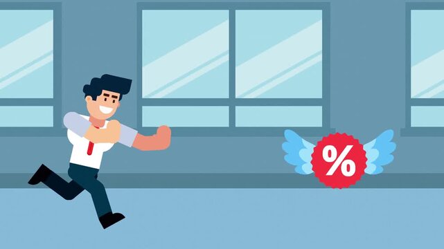 A cartoon illustration showing a businessman running after a flying percentage symbol, representing the pursuit of discounts or special offers.

