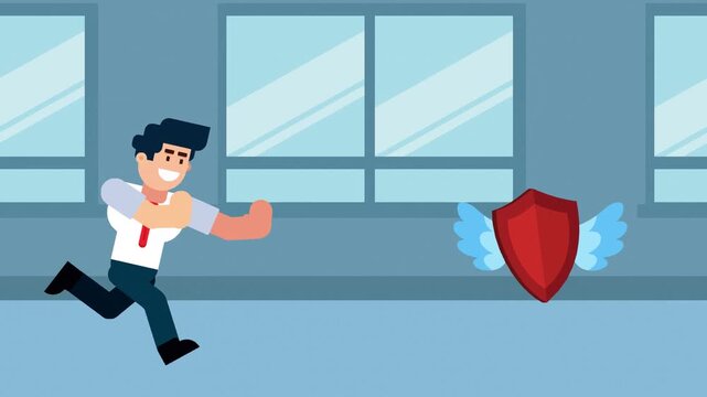 A cartoon illustration of a businessman running after a flying shield with wings, representing the pursuit of protection, security, or safety in business.

