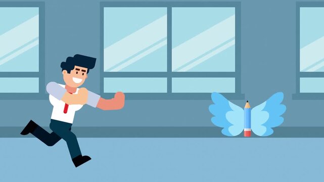 A cartoon illustration of a businessman running towards a flying pencil with wings, symbolizing the pursuit of creativity, ideas, or education.

