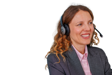 Friendly customer service woman wearing a headset, smiling and providing support. Transparent background