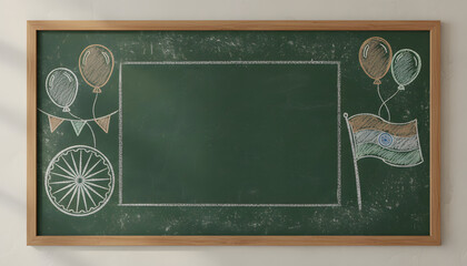 Green Chalkboard with Indian Republic Day Drawings Flag and Balloons Copy Space