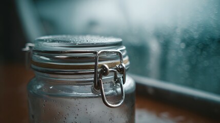 Obraz premium A glass jar with a metal clasp and seal is covered in water droplets against a blurred misty background