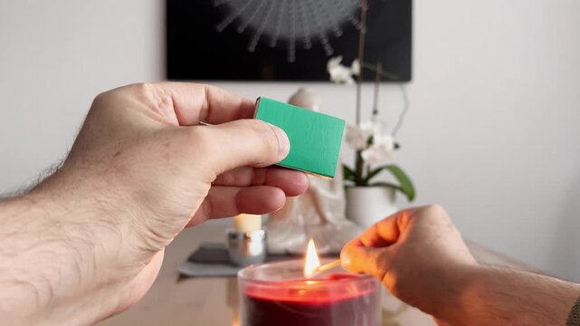 Lighting a Match to Ignite a Candle in a Calm Meditation Space
