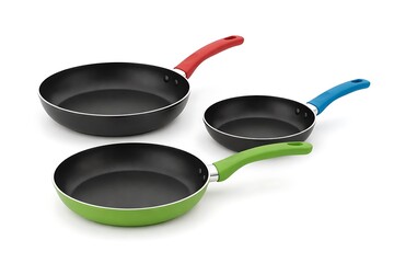 Set of three colorful non-stick frying pans with red, blue, and green handles, isolated on white background.