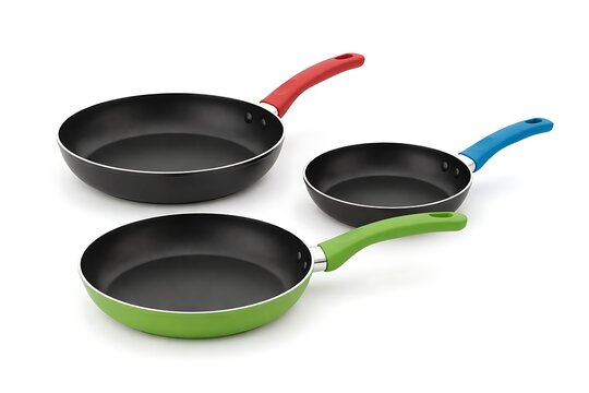 Set of three colorful non-stick frying pans with red, blue, and green handles, isolated on white background.