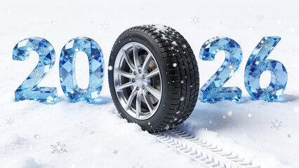 Blue numbers 2026 and a car tire with a track in the snow, a festive winter atmosphere. Christmas concept for tire shops, car dealerships, and auto repair services