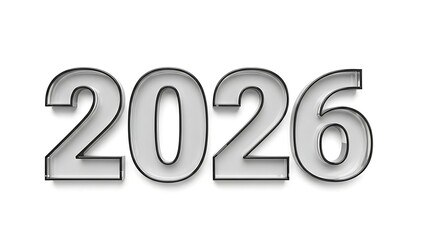 Shiny metal 2026 number with reflective surface isolated on white background