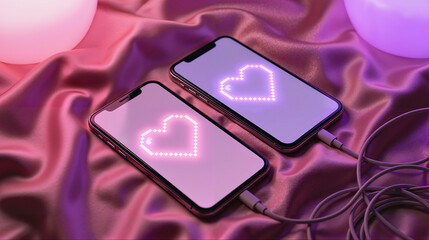 Two smartphones with a digital heart on the screen, connected by a cable, on a pink satin background, the concept of love and technology, 3D rendering, futuristic design, horizontal format