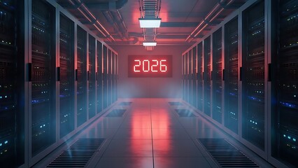 Futuristic server room with neon lights and digital display showing 2026 date in a dark and moody atmosphere