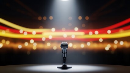 Classic Microphone Under a Bright Spotlight on Stage with Bokeh Lights, Representing Live Performance, Public Speaking, or Entertainment Event