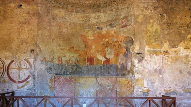large weathered fresco curved wall faint figures symbols decorative patterns faded colors missing sections crumbling plaster rome italy ancient art roman historic heritage 