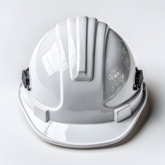 Fototapeta premium Close-up top view of a pristine white construction hard hat with glossy plastic texture isolated on a white background as safety equipment.