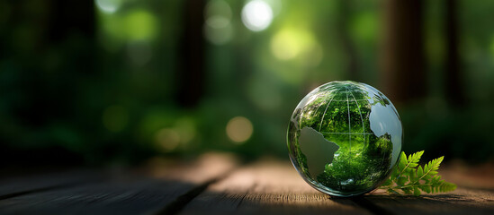 Glass globe in green forest with environment icon heavily defocused background carbon emissions circular company net zero technology environment organization sustainable develop