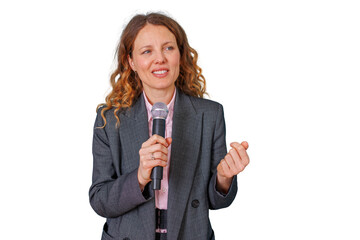 Professional woman giving a speech, holding a microphone while presenting during a conference with...