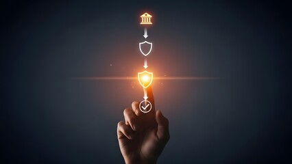 Hand touching glowing digital security and protection icons in flow
