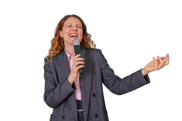 Woman presenter holding microphone, laughing brightly, engaging in public speaking and...
