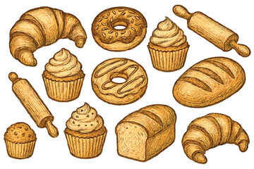 Sketch of Baked Goods on Golden Background
