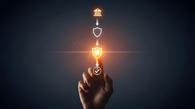 Hand touching glowing digital security and protection icons in flow - Powered by Adobe