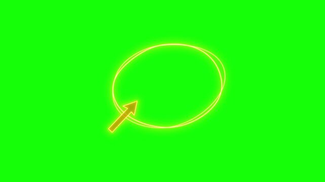 Yellow neon glowing oval frame with arrow animation, pointing to center isolated on transparent background for designs.