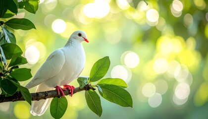 A pure white dove with red beak & feet perches on a leafy branch, bokeh background