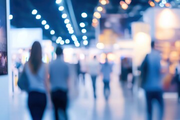Dynamic Blurred Crowd Moving Through a Bright, Modern Exhibition Hall or Conference Event Space.