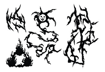 Fototapeta premium Metal tattoo set, gothic cyber body ornament shapes kit, Celtic vector abstract Hawaiian sign. Maori sleeve symbol y2k Polynesian metal abstract symmetry swirl wing