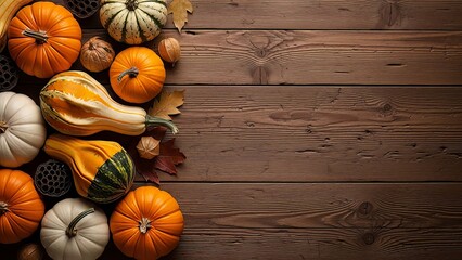 A seasonal arrangement of various pumpkins and squash on a rustic wooden background for fall or thanksgiving decoration